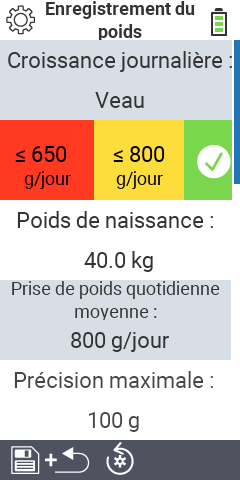Éléments du sous-menu paramètres pour l'enregistrement du poids