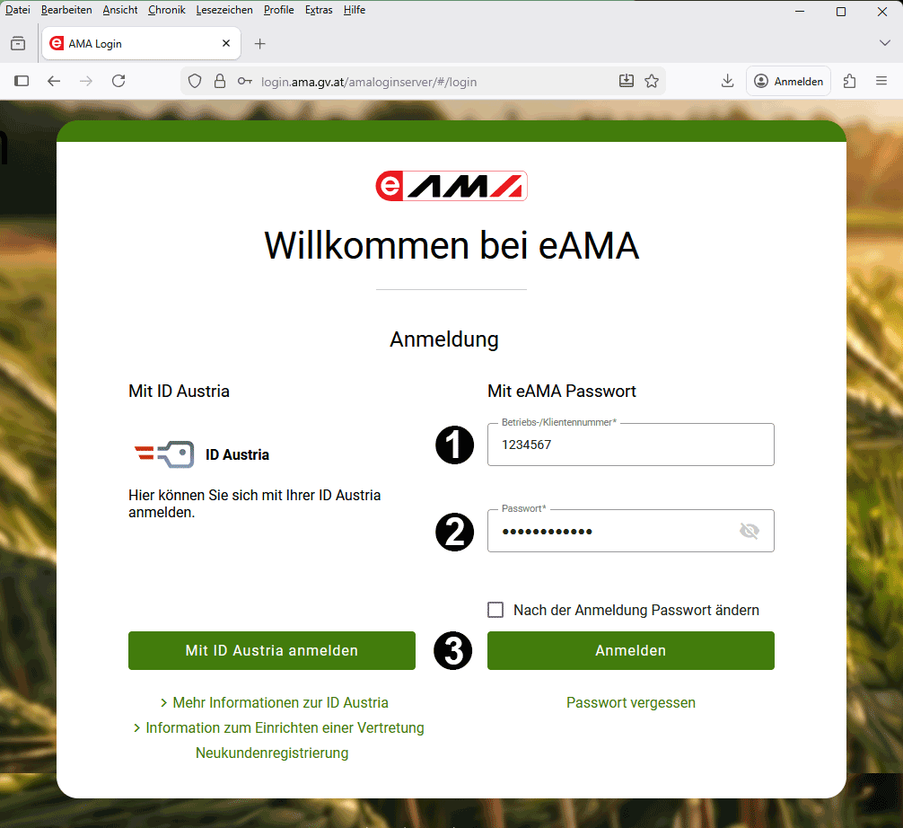 eAMA Anmeldebildschirm