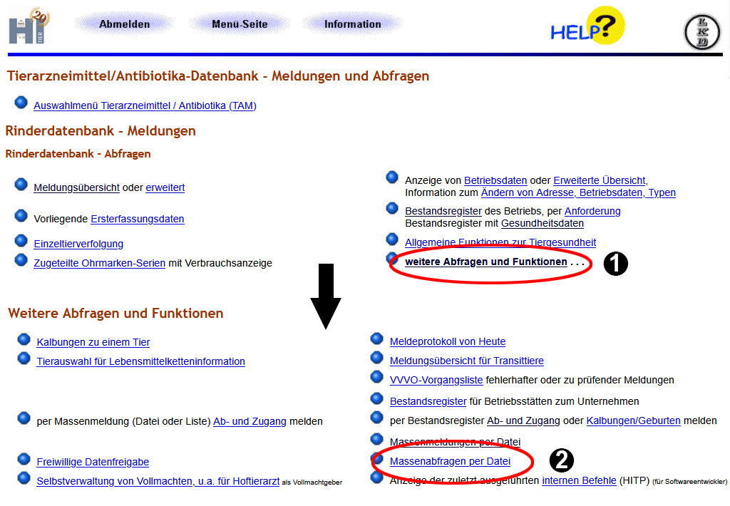 Aufruf Bildschirm Massenmeldung