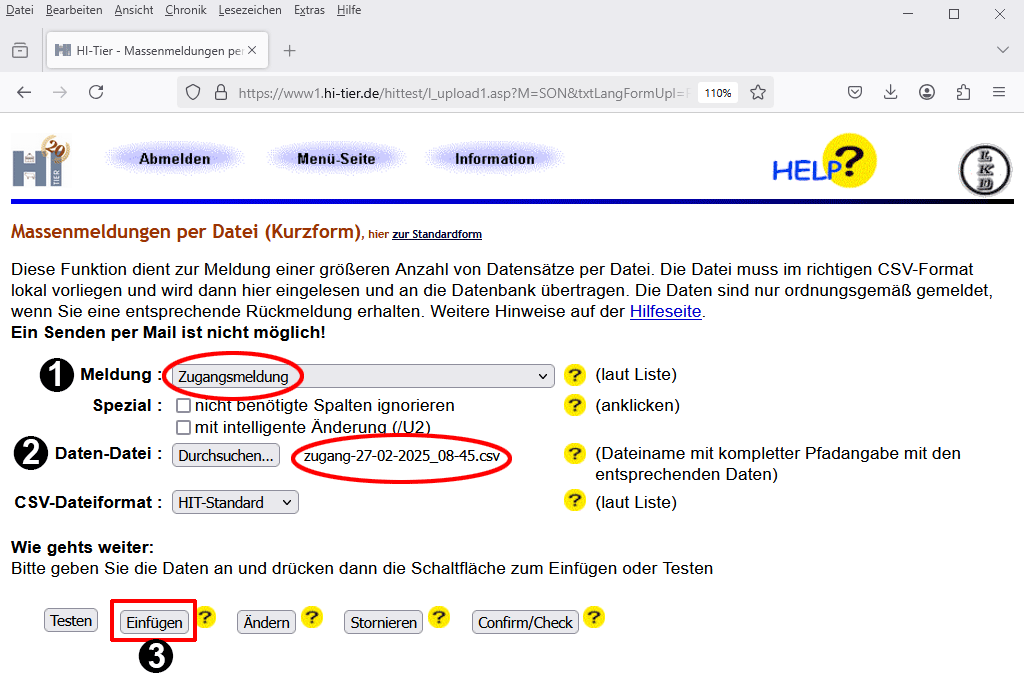 Bildschirmseite Massenmeldung