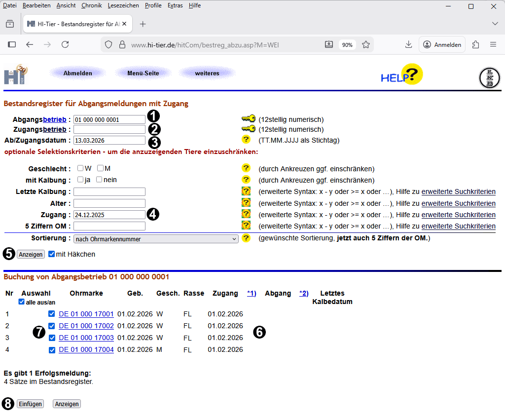 Bildschirmseite Abmeldung via Bestandsregister