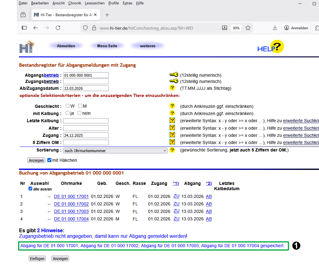 Erfolgsmeldung Abmeldung via Bestandsregister