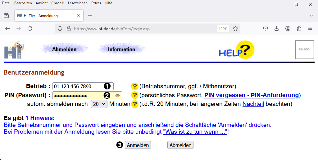 Anmeldebildschirm HI-Tier