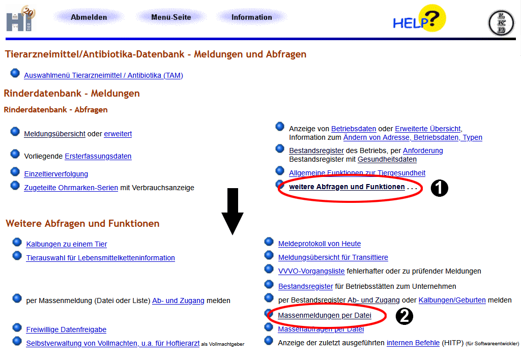Aufruf Bildschirm Massenmeldung