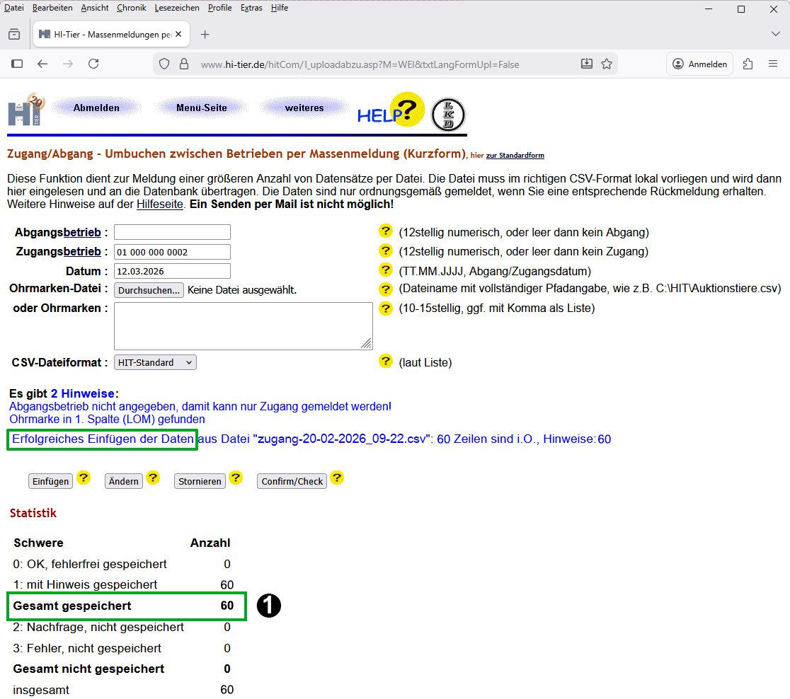 Erfolgsmeldung Massenmeldung