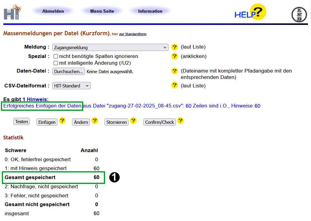 Erfolgsmeldung Massenmeldung