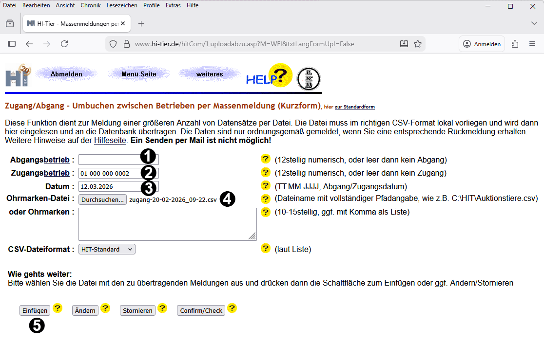 Bildschirmseite Massenummeldung