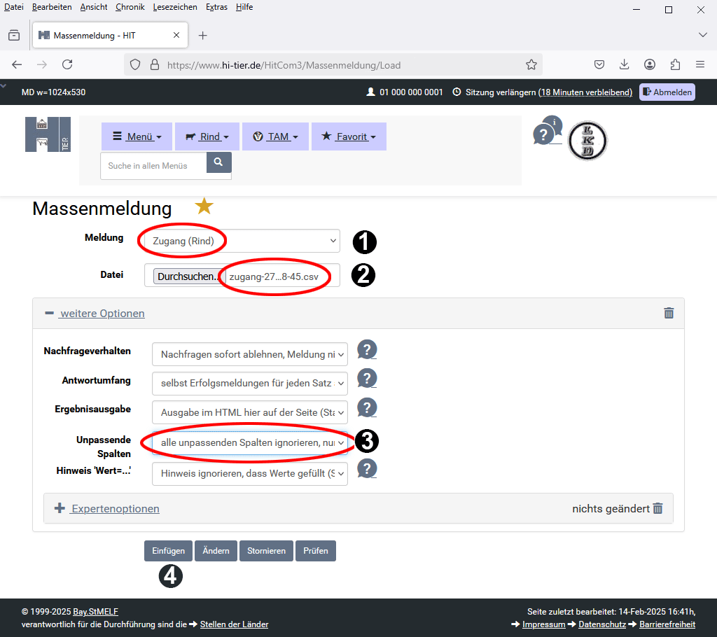 Bildschirmseite Massenmeldung