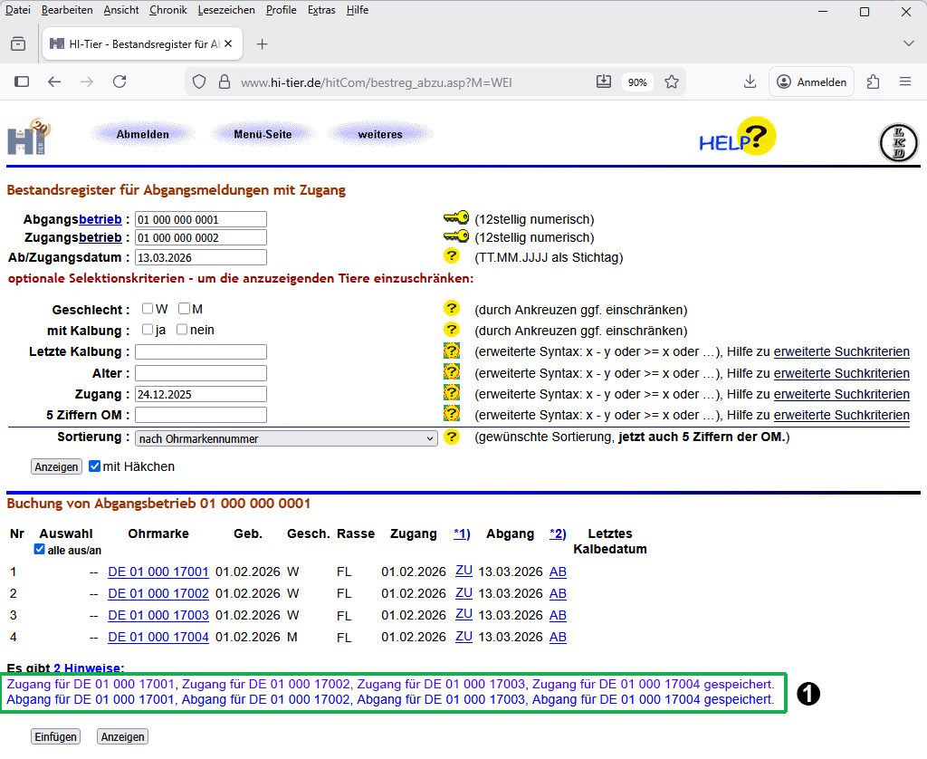 Erfolgsmeldung Ummeldung via Bestandsregister