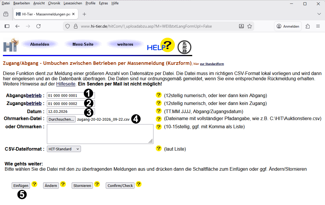 Bildschirmseite Massenummeldung