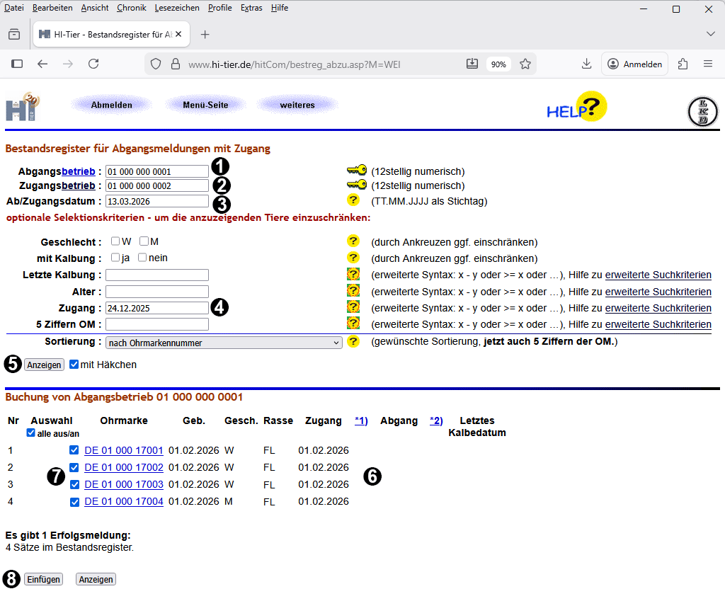Bildschirmseite Ummeldung via Bestandsregister