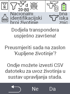 VitalControl: Izbornik Novo na farmi, bez transpondera