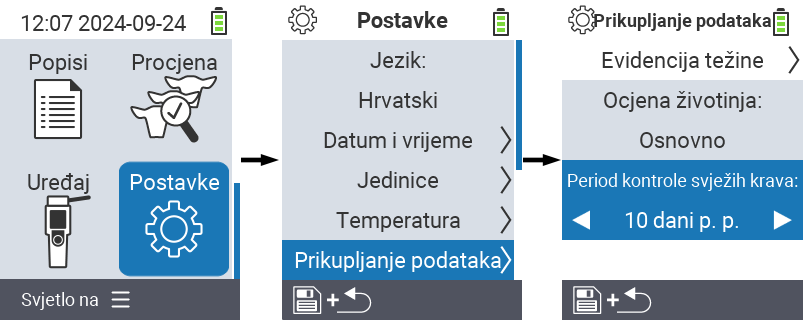 VitalControl: postavke izbornika kontrolno razdoblje svježih krava