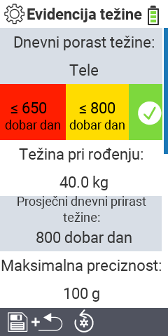 Stavke podizbornika postavki za snimanje težine