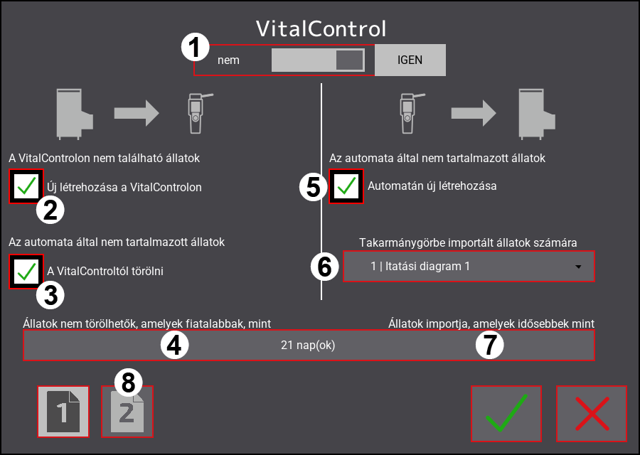 VitalControl beállítási menü: 1. oldal