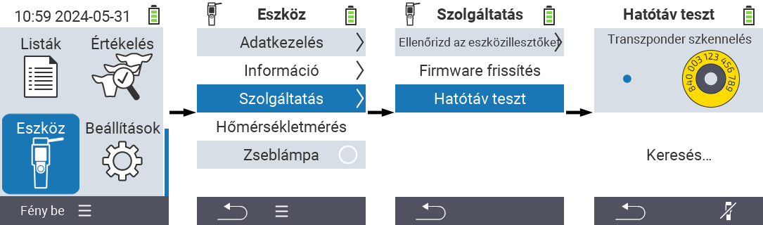 VitalControl: Menüútvonal Hatótávolság teszt RFID szkenner