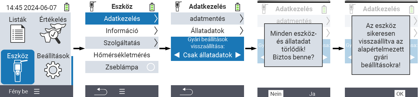 VitalControl: Menüútvonal Gyári alapbeállítások visszaállítása