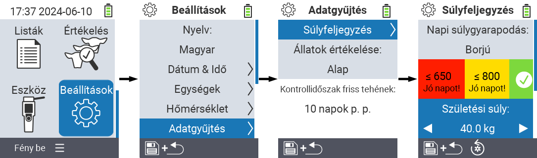 VitalControl: menü beállítások születési súly