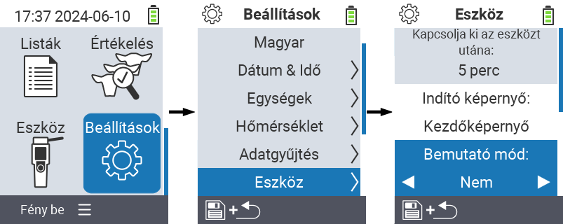 VitalControl: menü beállítások Bemutató mód