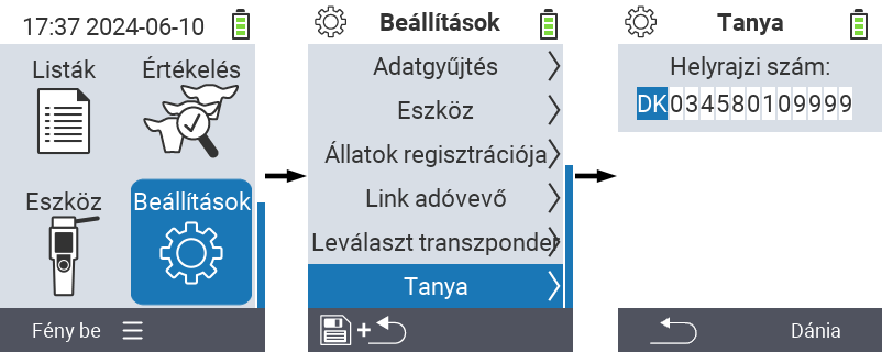 VitalControl: Menüútvonal a gazdasági szám beállításához