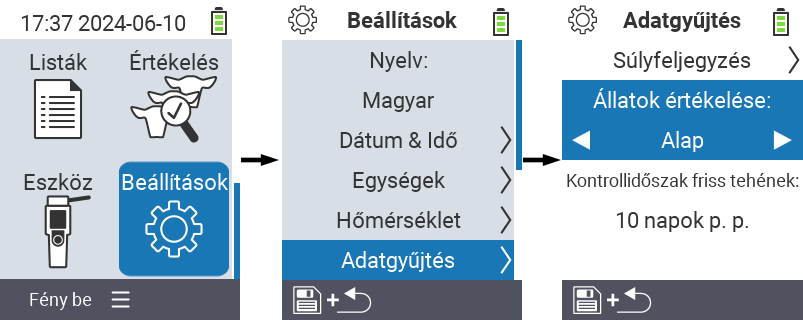 VitalControl: menü beállítások állatok értékelése