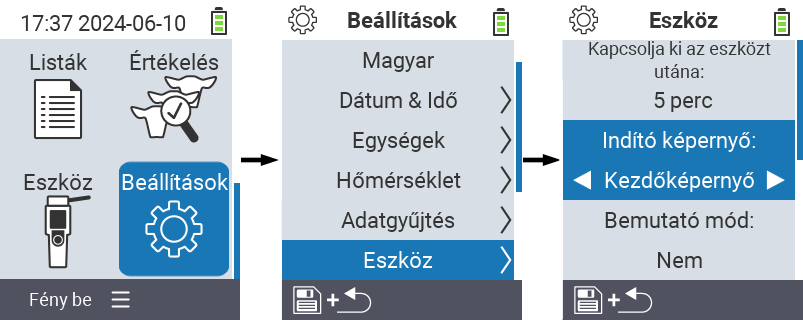 VitalControl: menü beállítások Indítóképernyő