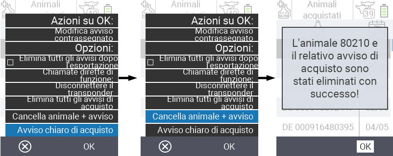 VitalControl: Elenco degli animali acquistati, elimina animale + avviso