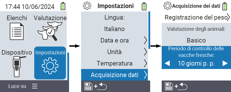 VitalControl: impostazioni del menu periodo di controllo vacche fresche