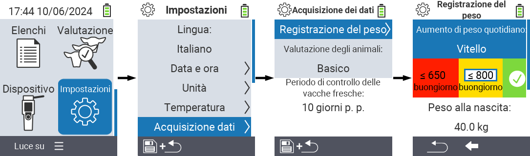 VitalControl: impostazioni menu aumento di peso giornaliero