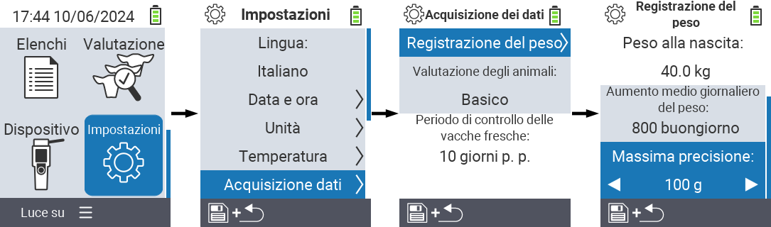 VitalControl: percorso menu impostazioni precisione massima registrazione peso