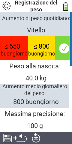 Voci del sottomenu impostazioni per la registrazione del peso