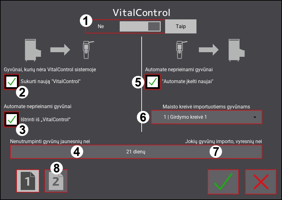 VitalControl nustatymų meniu: 1 puslapis