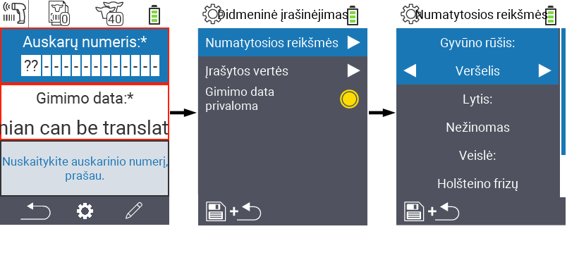 VitalControl: Meniu Naujas Numatytosios reikšmės