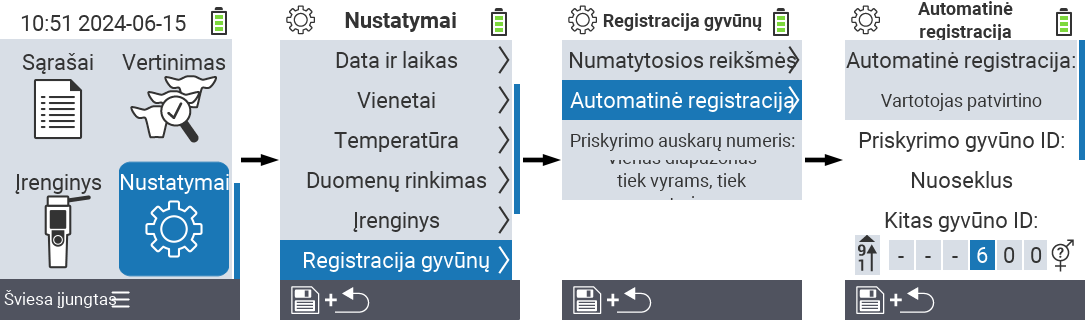 VitalControl: meniu nustatymai gyvūno ID priskyrimas