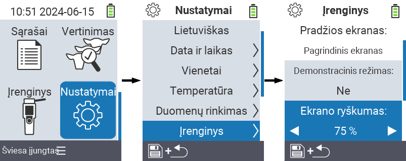 VitalControl: meniu nustatymai Ekrano ryškumas