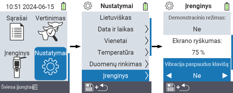 VitalControl: meniu nustatymai Ekrano ryškumas