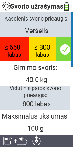 Submeniu elementai svorio įrašymo nustatymams