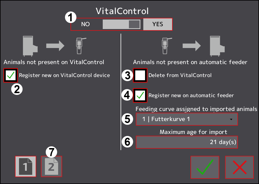 Iestatījumu izvēlne VitalControl: 1. lapa