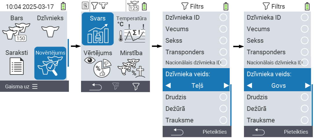 VitalControl: menu Novērtējums Izveidot filtru