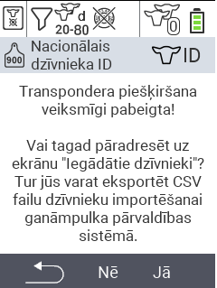 VitalControl: Izvēlne Jauns fermā, bez transpondera