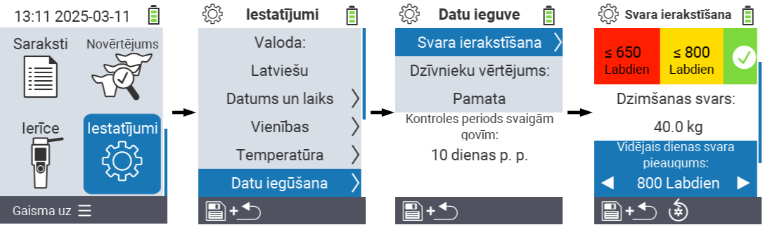 VitalControl: izvēlnes iestatījumi vidējais dienas svara pieaugums