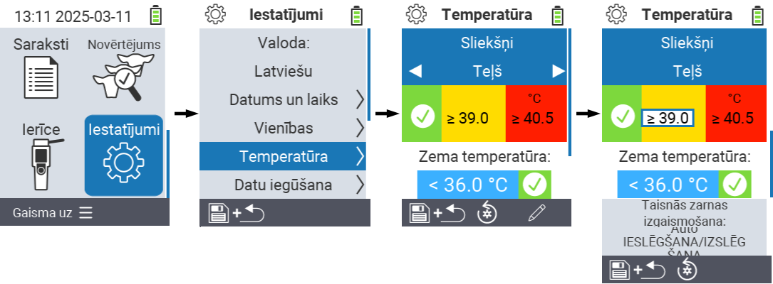 VitalControl: menu iestatījumi sliekšņa un temperatūras diapazoni