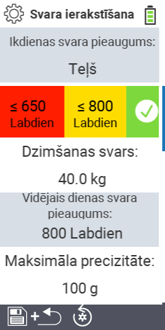 Apakšizvēlnes vienumi svara ierakstīšanas iestatījumiem