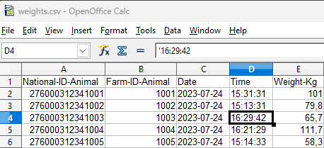 Exportbestand met gewichtswaarden van dieren, geopend in spreadsheetprogramma