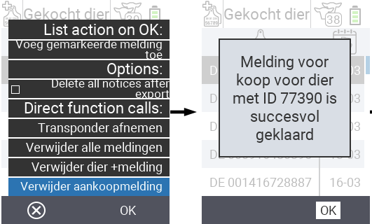 VitalControl: Lijst van gekochte dieren, aankoopmelding wissen