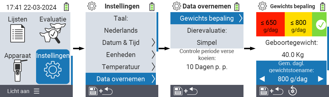 VitalControl: menu-instellingen gemiddelde dagelijkse gewichtstoename