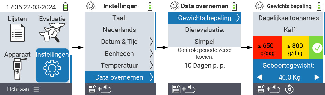 VitalControl: menu-instellingen geboortegewicht