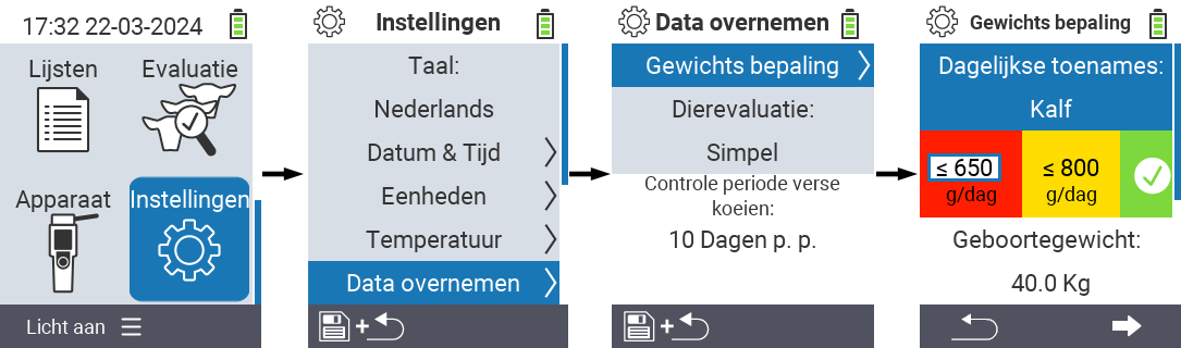 VitalControl: menu-instellingen dagelijkse gewichtstoename