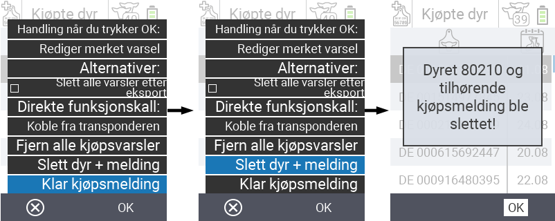 VitalControl: Liste over kjøpte dyr, slett dyr + varsel