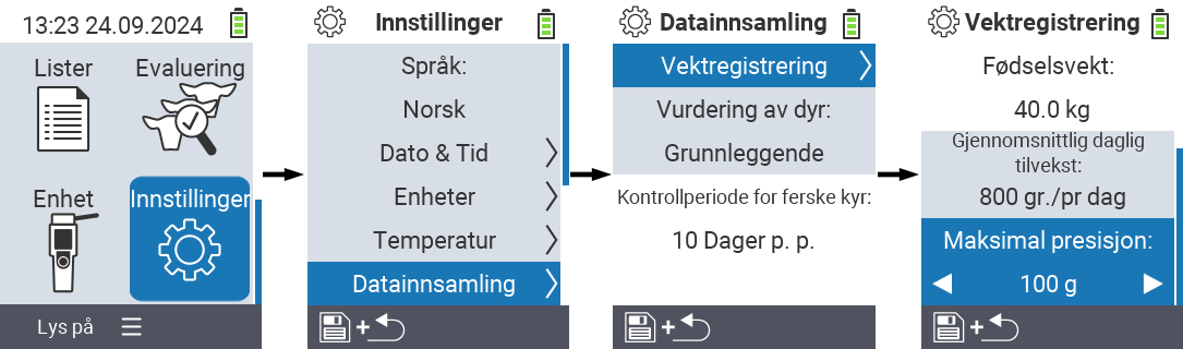 VitalControl: menyvei innstillinger maksimal presisjon vektregistrering
